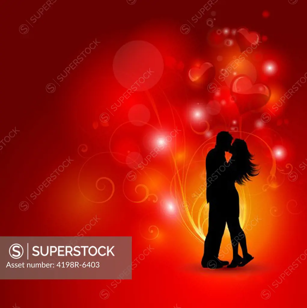 Silhouette of a loving couple on a decorative hearts background