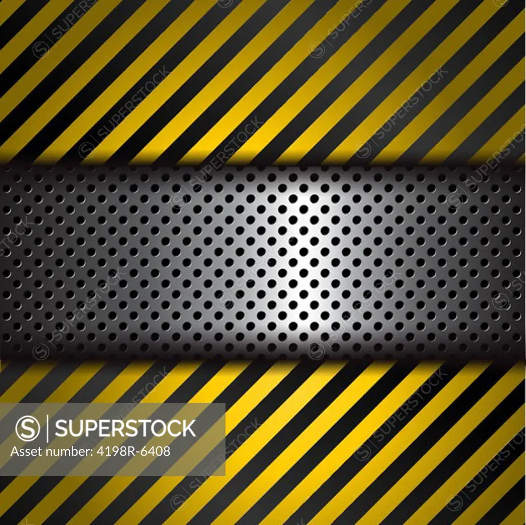 Perforated metal background with yellow and black warning stripes