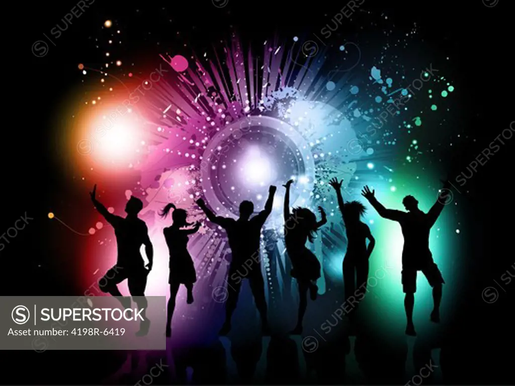 Silhouettes of people dancing on a colourful grunge background