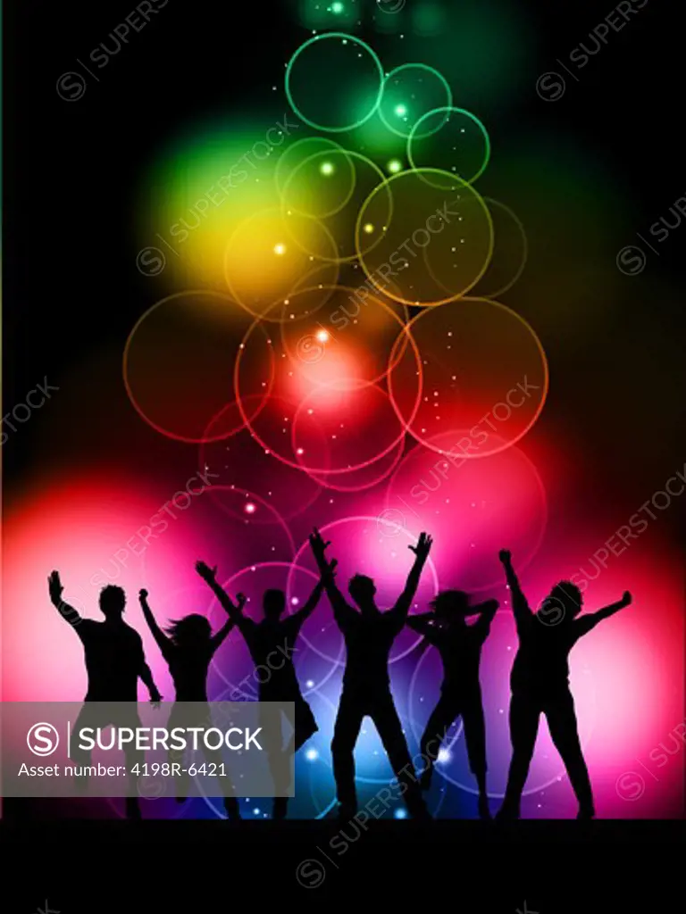 Silhouettes of people dancing on a colourful bokeh lights background