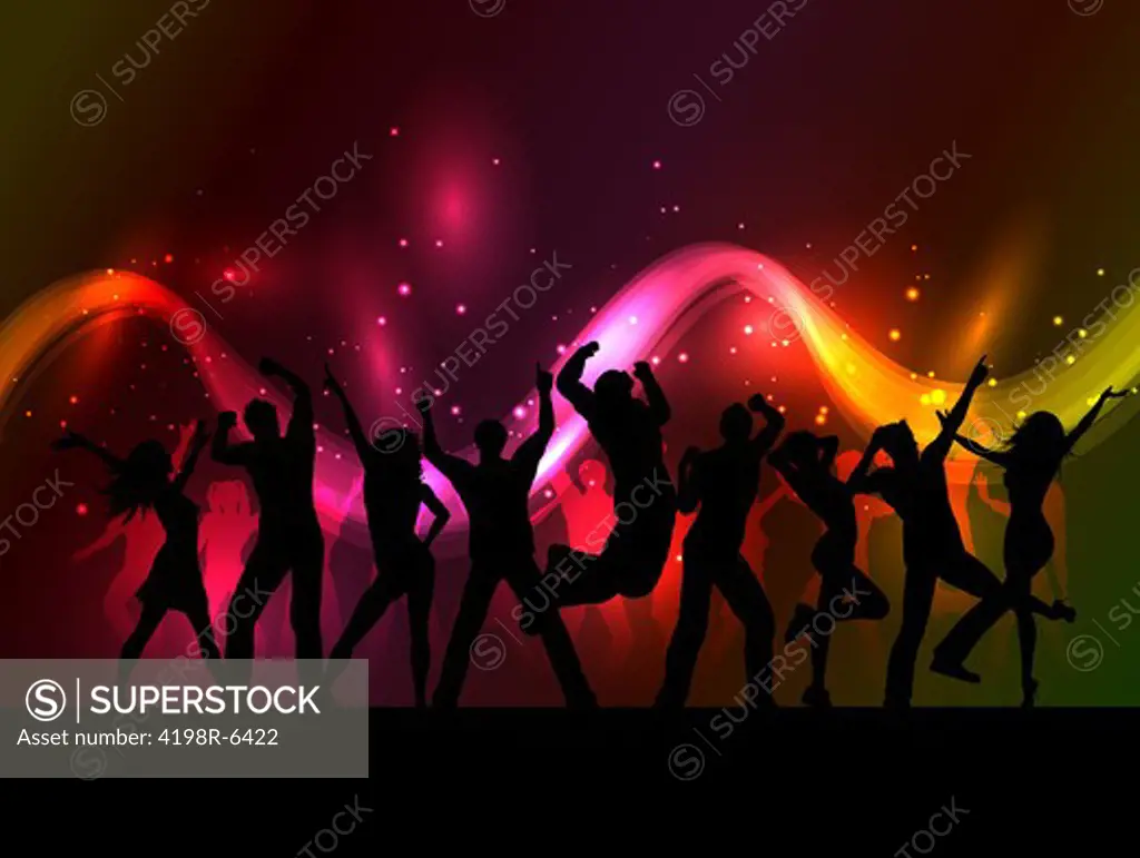 Silhouettes of people dancing on an abstract background of flowing lines and stars