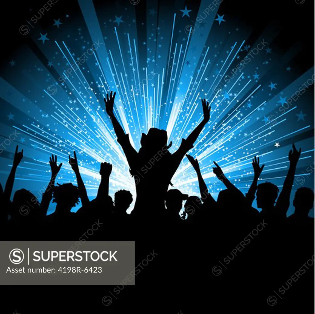 Silhouette of a crowd of party people on a star burst background