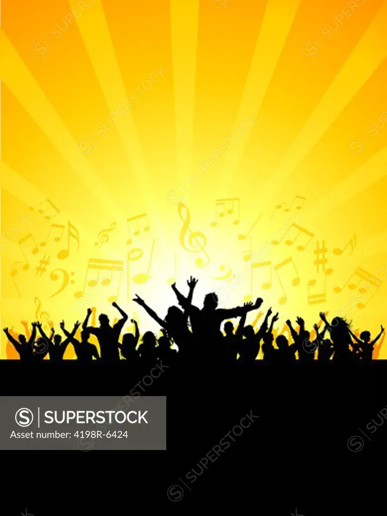 Silhouette of a party crowd on a music notes background