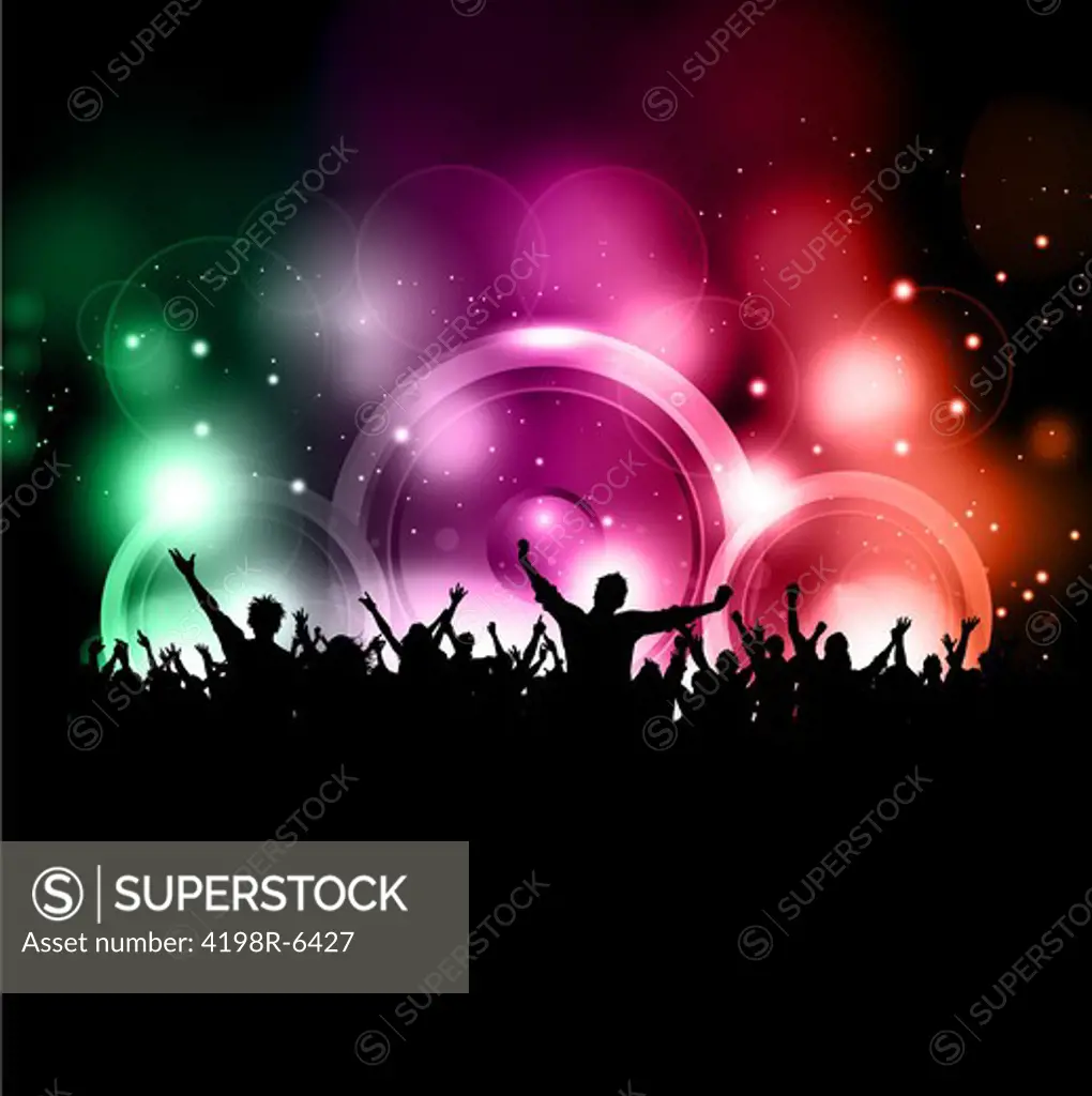Silhouette of a party crowd on a glowing lights background with speakers