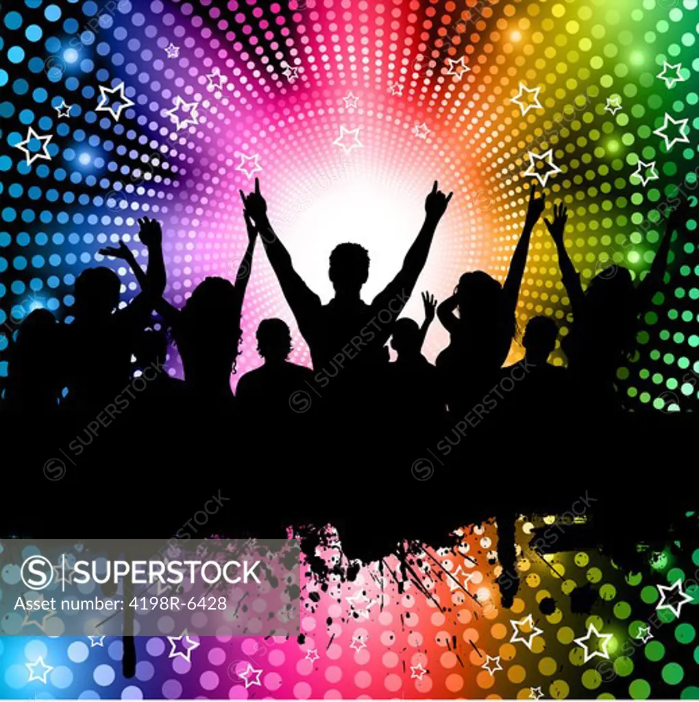 Silhouette of a party crowd on a rainbow coloured lights background