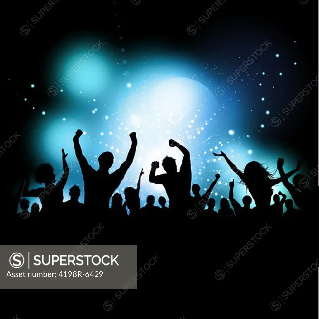 Silhouette of a party audience on a glowing lights background