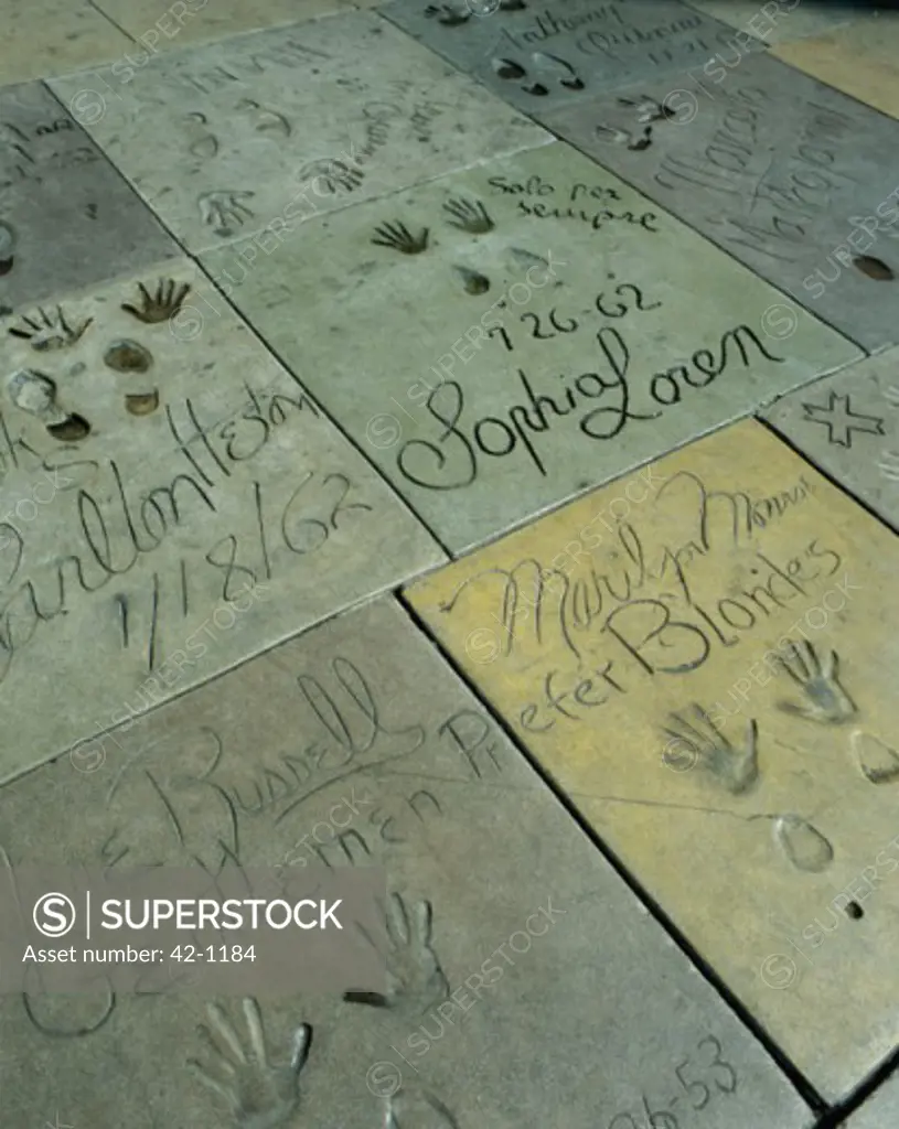 Shoe prints and handprints in concrete, Mann's Chinese Theater, Hollywood, Los Angeles, California, USA