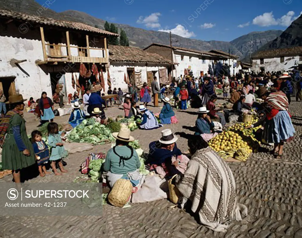 High angle view of a group of people in a market, Inca, Peru