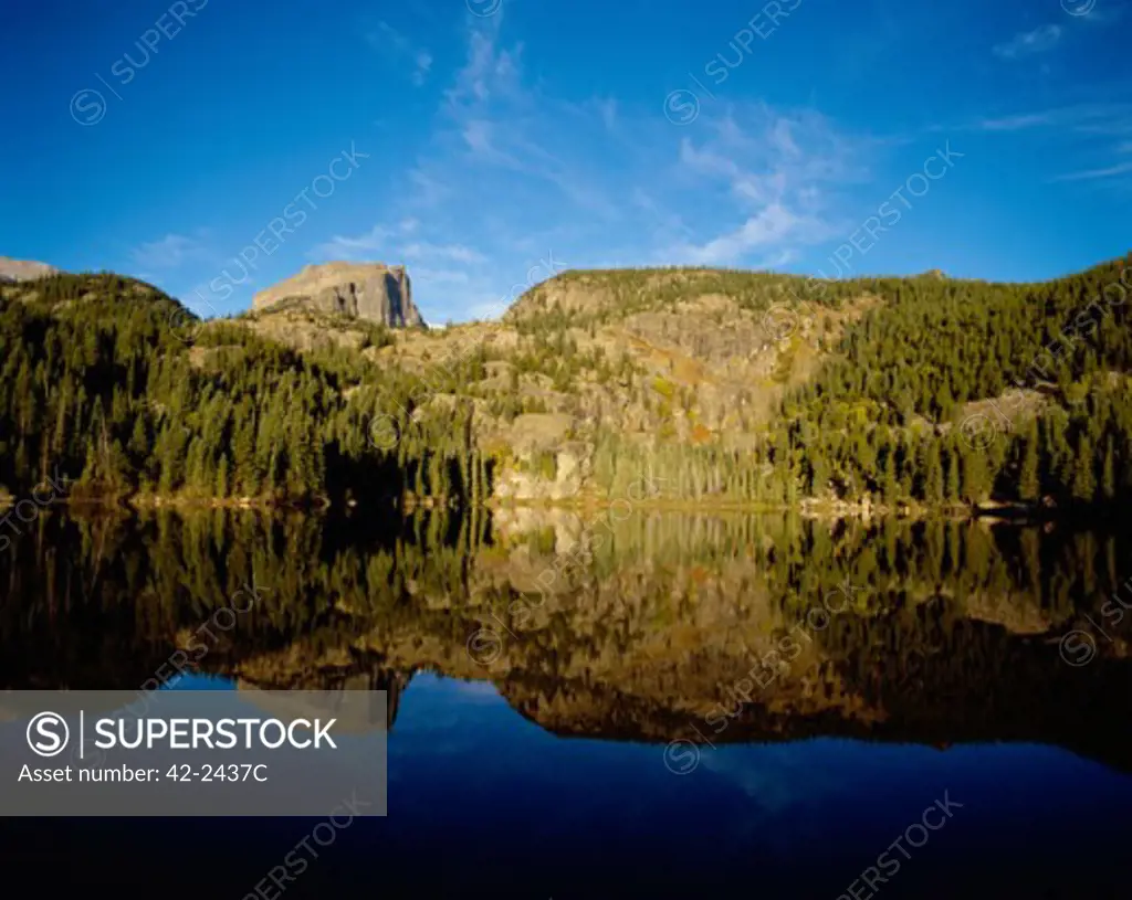 Reflection of mountains and trees in a lake, Bear Lake, Rocky Mountain National Park, Colorado, USA