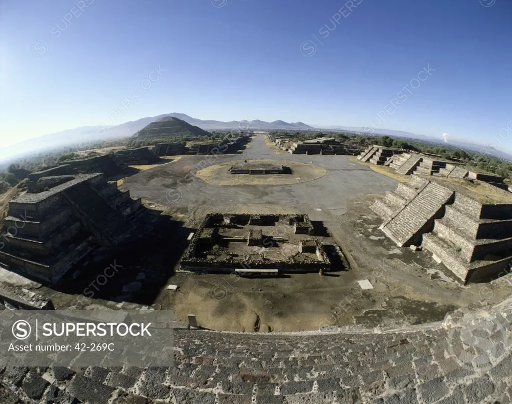 High angle view of old ruins, Avenue of the Dead, Teotihuacan, Mexico