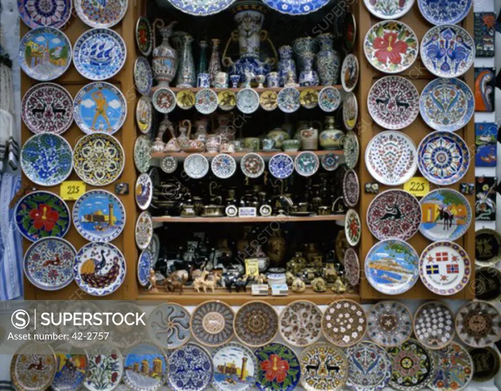 Crockery displayed at a market stall, Lindos, Rhodes, Dodecanese Islands, Greece