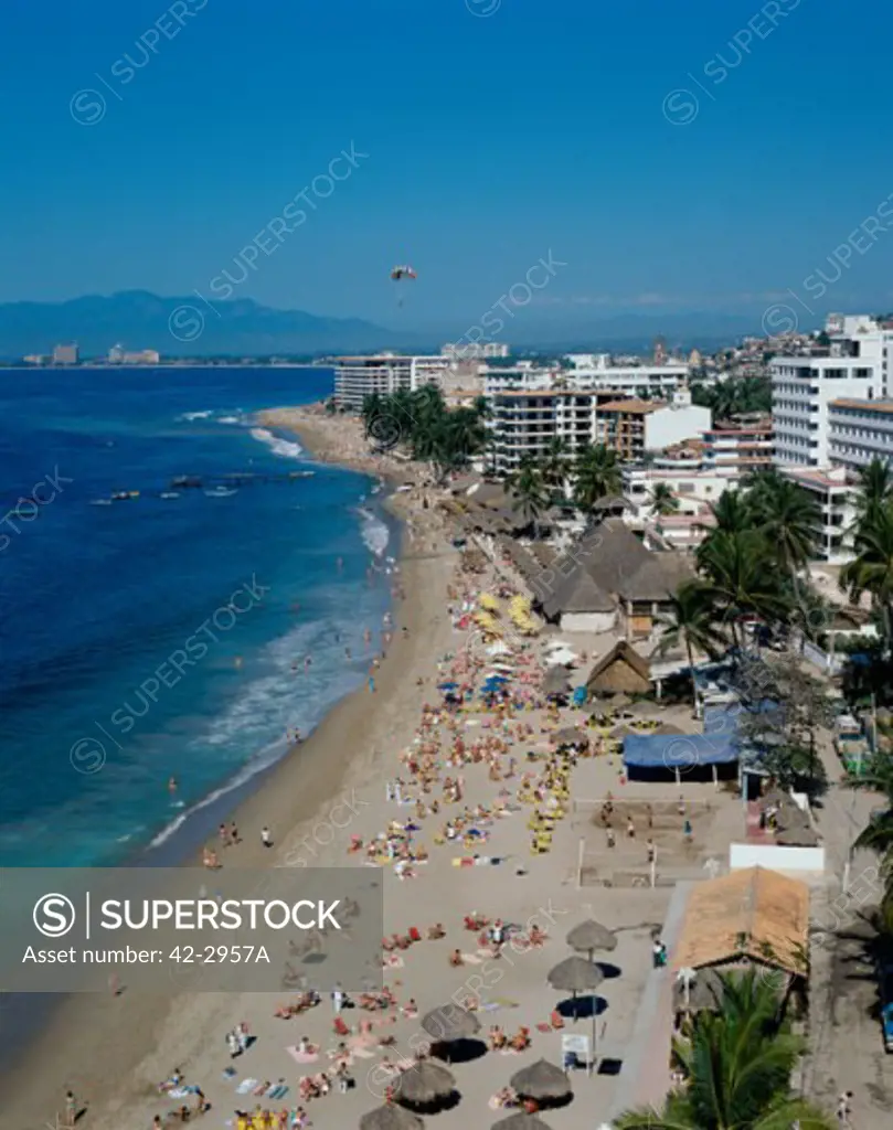 High angle view of tourists on the beach, Puerto Vallarta, Jalisco, Mexico