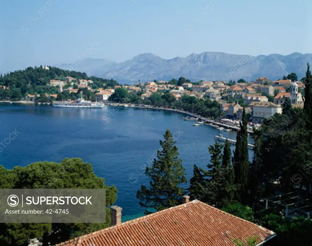High angle view of a harbor and a city, Cavtat, Croatia