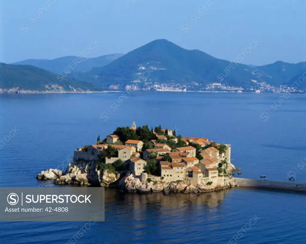High angle view of houses on an island, Sveti Stefan, Montenegro, Serbia and Montenegro