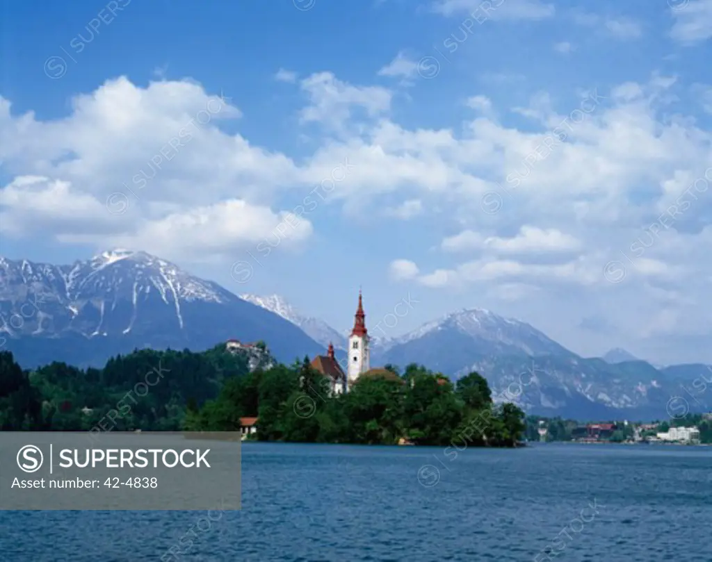 Church on the waterfront, Lake Bled, Julian Alps, Slovenia