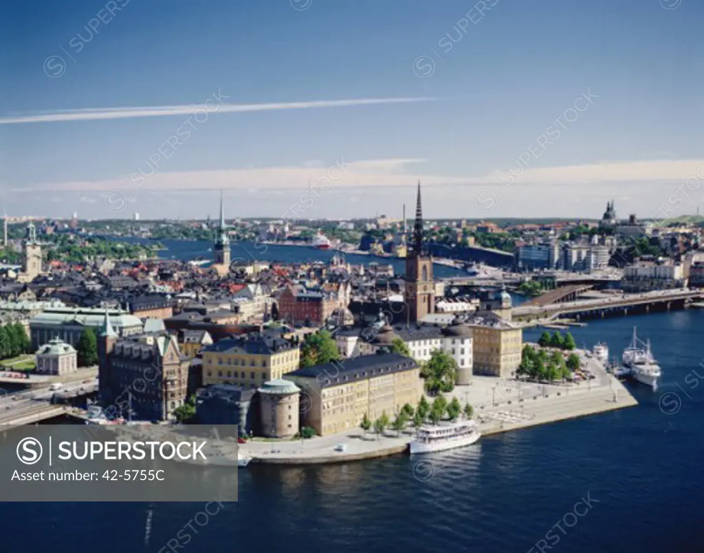 Aerial view of a city and a harbor, Gamla Stan, Stockholm, Sweden