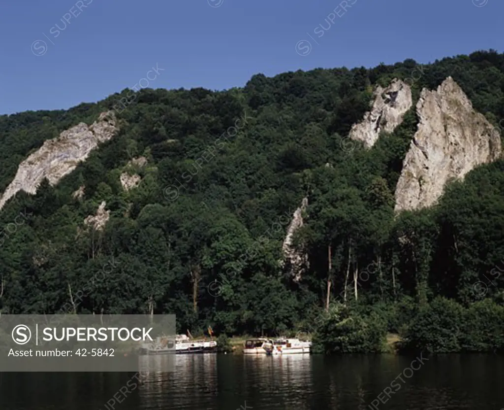 Boats in a river, Meuse River, Dinant, Belgium