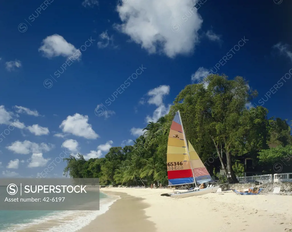 Sailboat on the beach, Holetown Beach, Bridgetown, Barbados