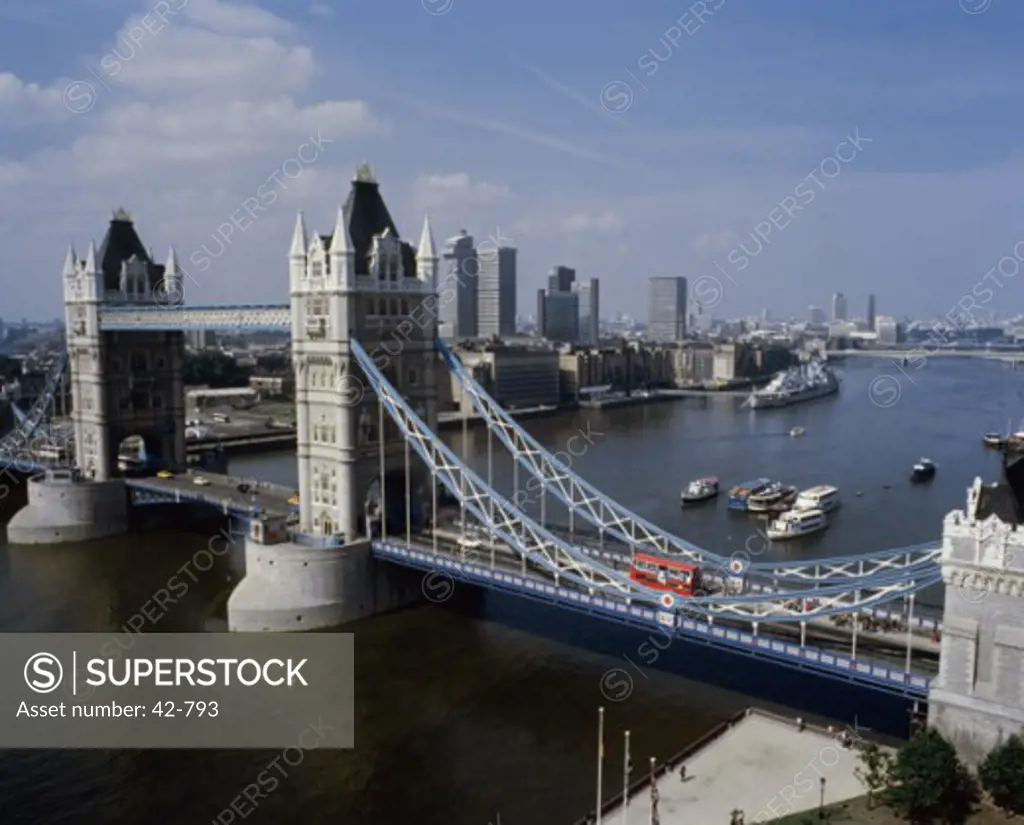 High angle view of bridge on the river, Tower Bridge, Thames River, London, England