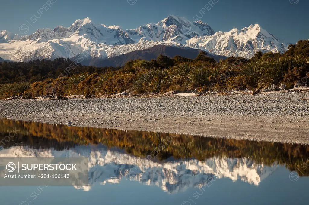 Mount Tasman, Mount Cook, and Mount La Perouse covered with snow, South Island, New Zealand