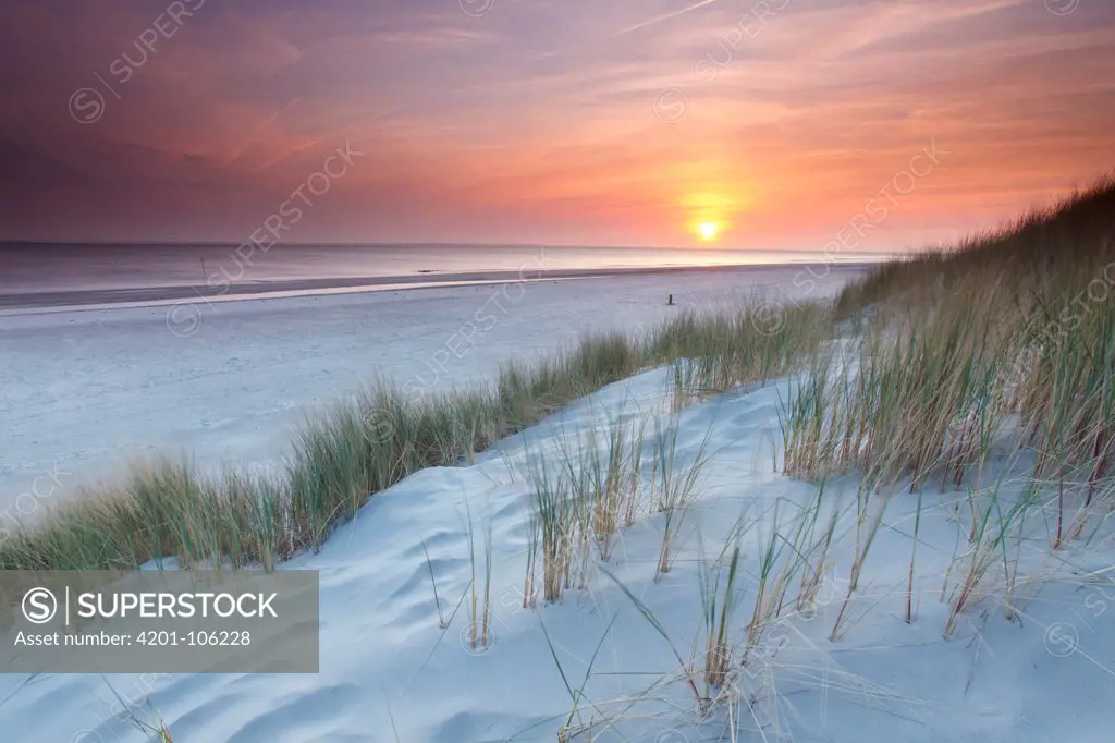 Sunset over the North Sea as seen from the dunes of Ameland, Netherlands