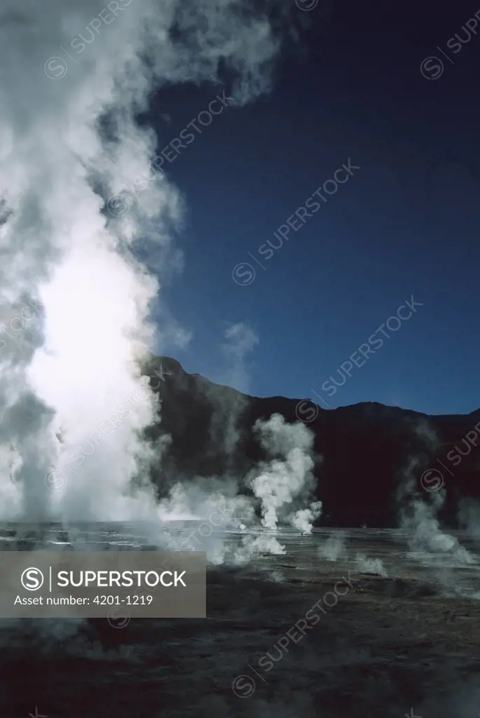 Geysers in extensive geothermal field in Andean foothills, Atacama Desert, Andes Mountains, Chile