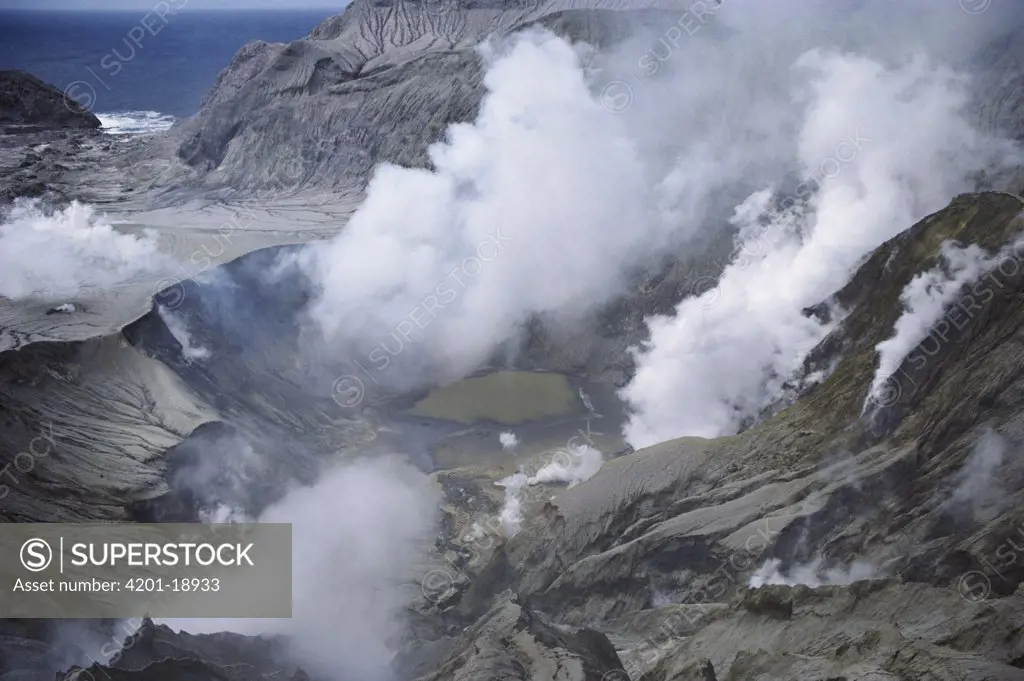 Sulfur vents fuming at active volcano, White Island, New Zealand