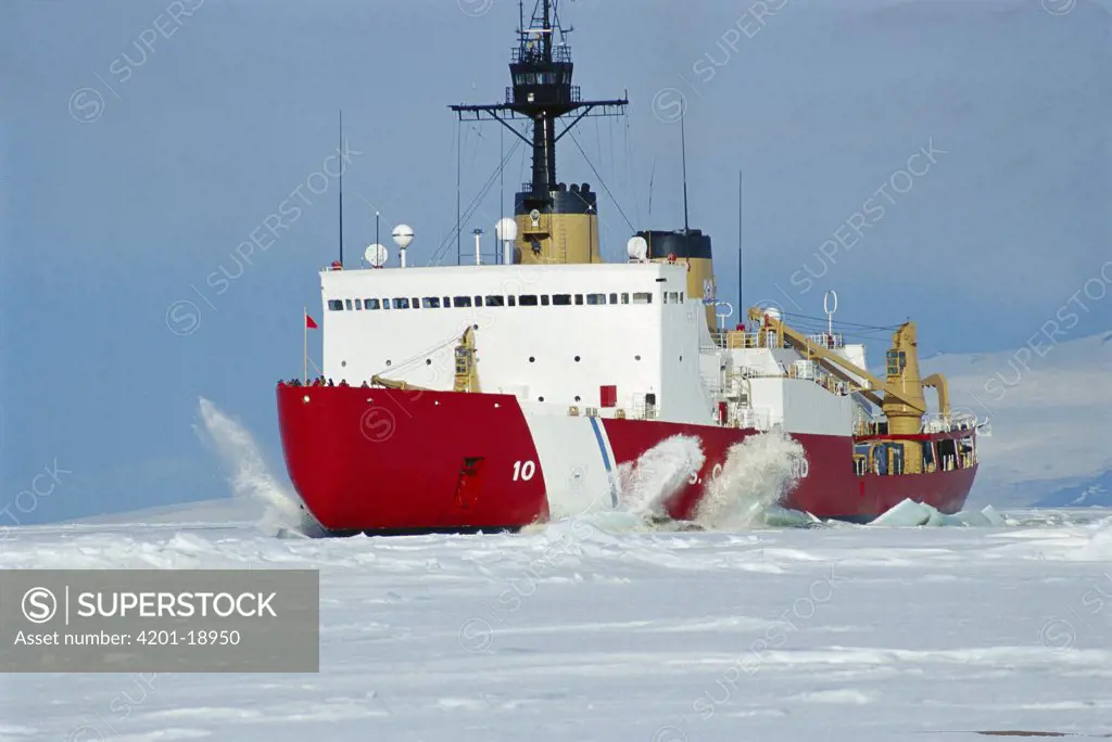 Coast Guard icebreaker cutting through sea ice, creates an ice channel that allows marine life to travel deeper into sea ice, McMurdo Sound, Antarctica
