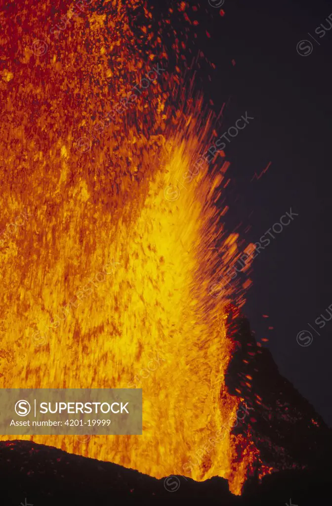 Lava fountains from eruptive vent along radial fissure on flank of shield volcano, February 1995, Fernandina Island, Galapagos Islands, Ecuador