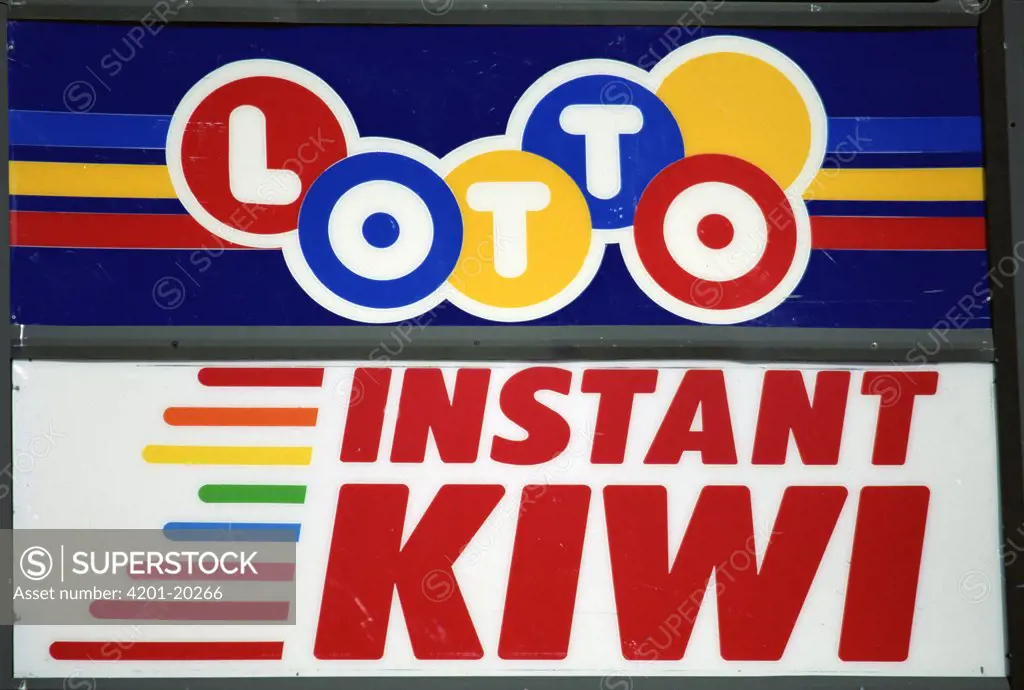 Kiwi logo on the national lottery sign, Otorohanga, North Island, New Zealand