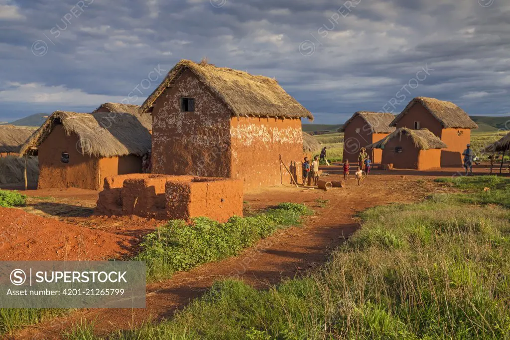 Village with thatched roof houses, Tsiroanomandidy, Madagascar