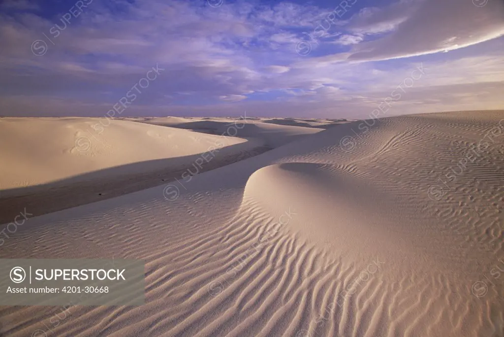 Sand dunes of fine gypsum particles textured by wind, changing winds form cross-grooves, evening, White Sands National Monument, New Mexico