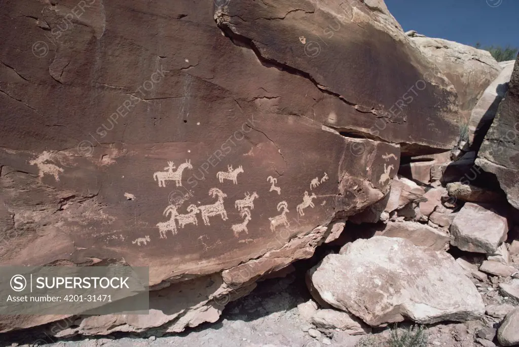 Hunting party petroglyphs at Wolfe Ranch, Arches National Park, Utah
