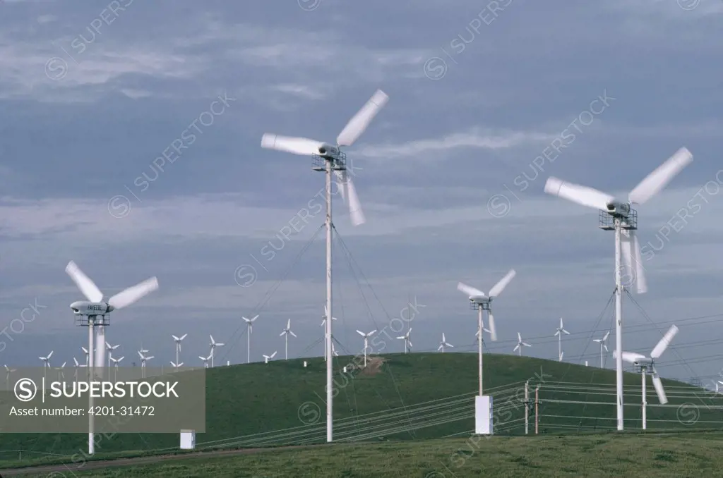 Windmill farm near San Francisco using propellers and generators as an alternative energy source, California