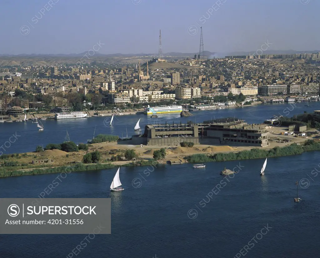 The city of Aswan flanking the Nile River, Egypt