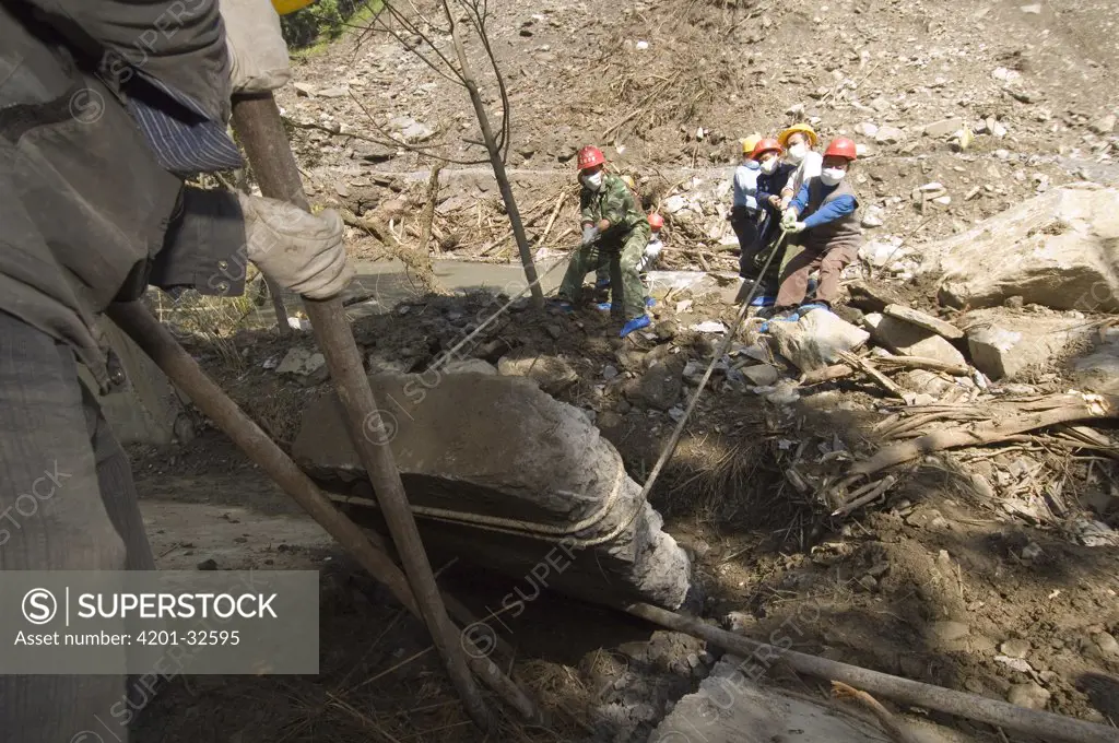 Giant Panda (Ailuropoda melanoleuca) enclosure excavated by workers to locate Mao Mao's body after the May 12, 2008 earthquake and landslides, CCRCGP, Wolong, China