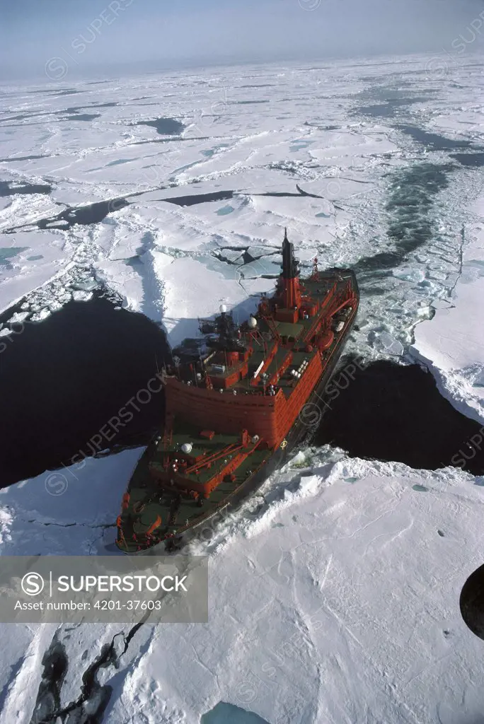 Russian icebreaker Sovietsky Soyuz breaking solid pack ice en route to the North Pole, Siberian Arctic