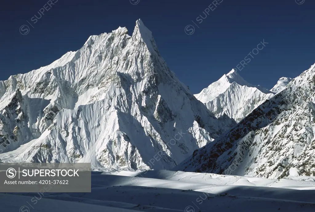 Mitre Peak rising to 6,025 meters elevation above Concordia, Baltoro Glacier, Karakoram Mountains, Pakistan