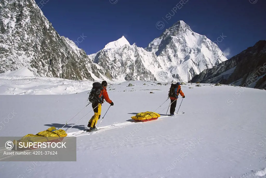 Pulling sledges towards K2, second highest peak in the world, across Godwin Austen Glacier, Karakoram Mountains, Pakistan
