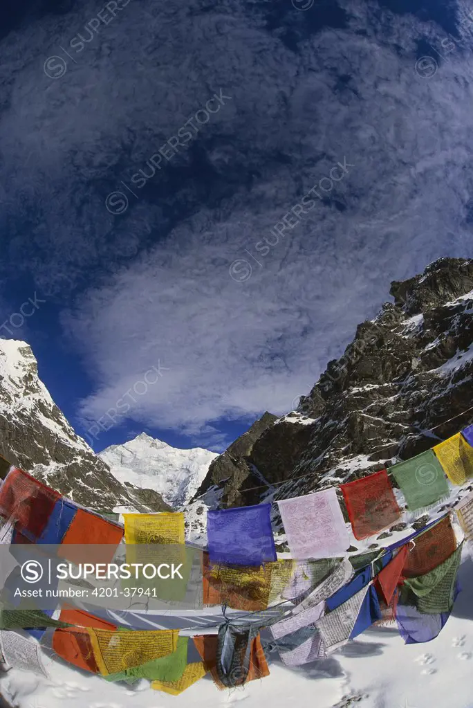 Prayer flags on Gotcha la Kangchenjunga, Talung face (8595 meters) in the background, most easterly of the world's fourteen 8000 metre peaks, Sikkim Himalaya, India