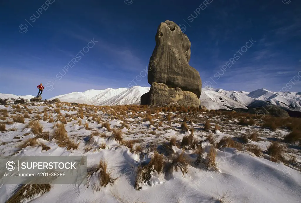 Hiker in winter among limestone boulders, Castle Hill, Craigieburn Range, Canterbury, New Zealand
