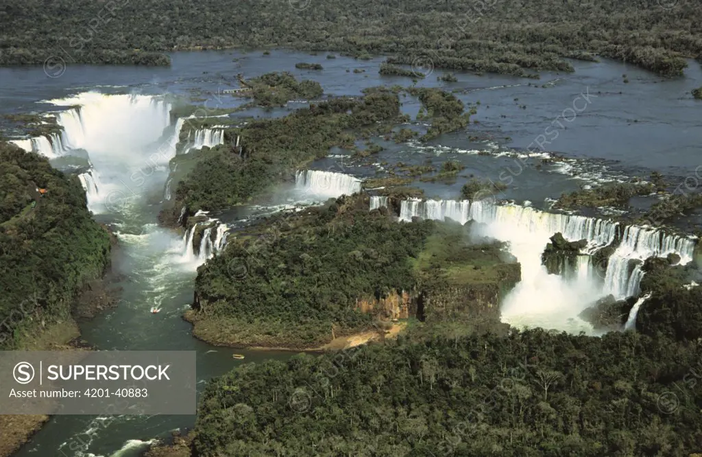 Aerial view over the Iguacu Falls, one of the world's largest waterfalls, Brazil and Argentina border