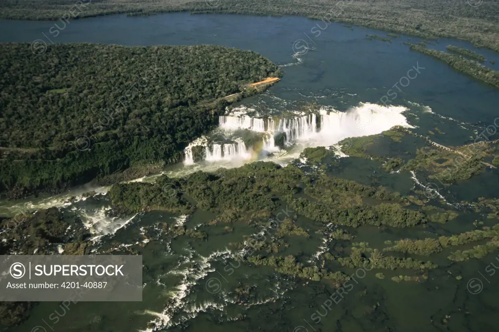 Aerial view over the Iguacu Falls, one of the world's largest waterfalls, Brazil and Argentina border