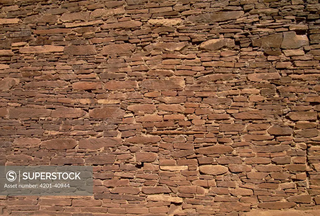 Stonework of ruins of monumental public buildings called Pueblo Bonito, ancestral Puebloan culture, AD 850-1250, Chaco Canyon, Chaco Culture National Historical Park, New Mexico