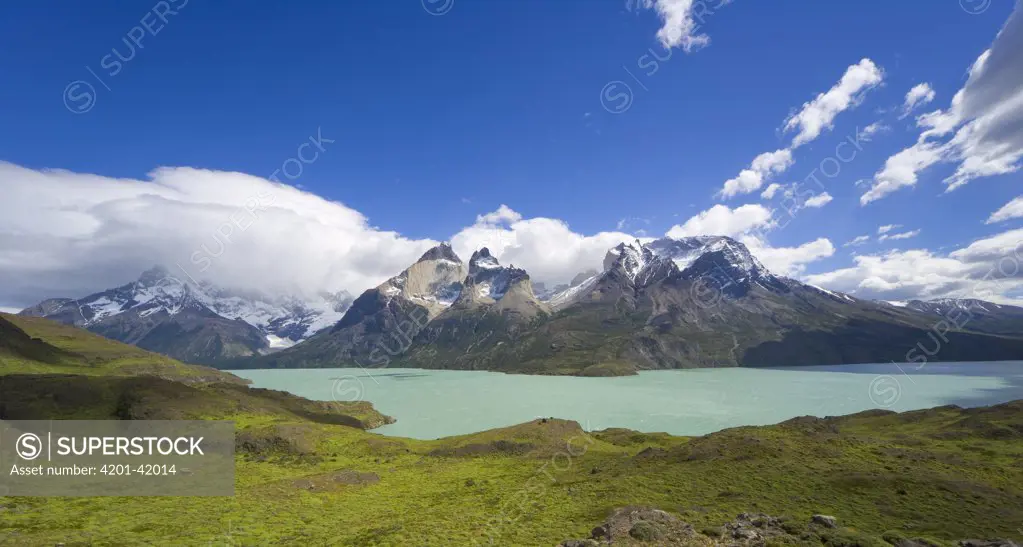 Panorama of Nordenskjold Lake surrounded by Cuernos del Paine peaks, Torres del Paine National Park, Patagonia, Chile