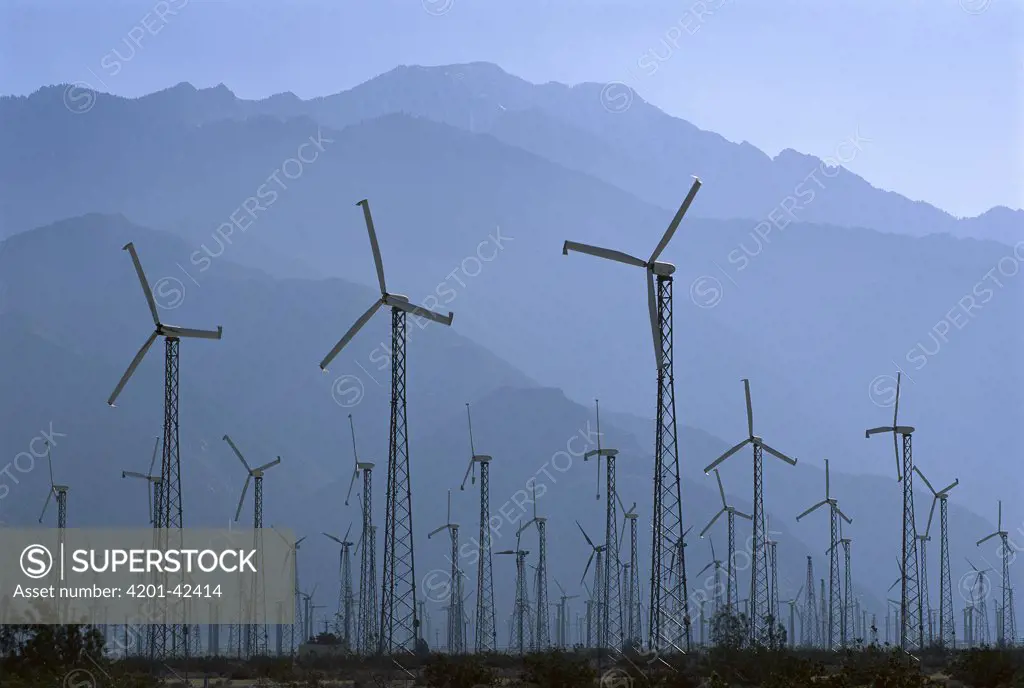Windmills generating energy with San Bernadino Mountains in the background, Palm Springs, California