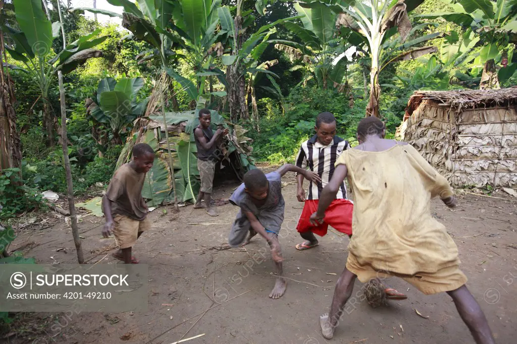 Baka soccer match with a ball made from leaves, Cameroon