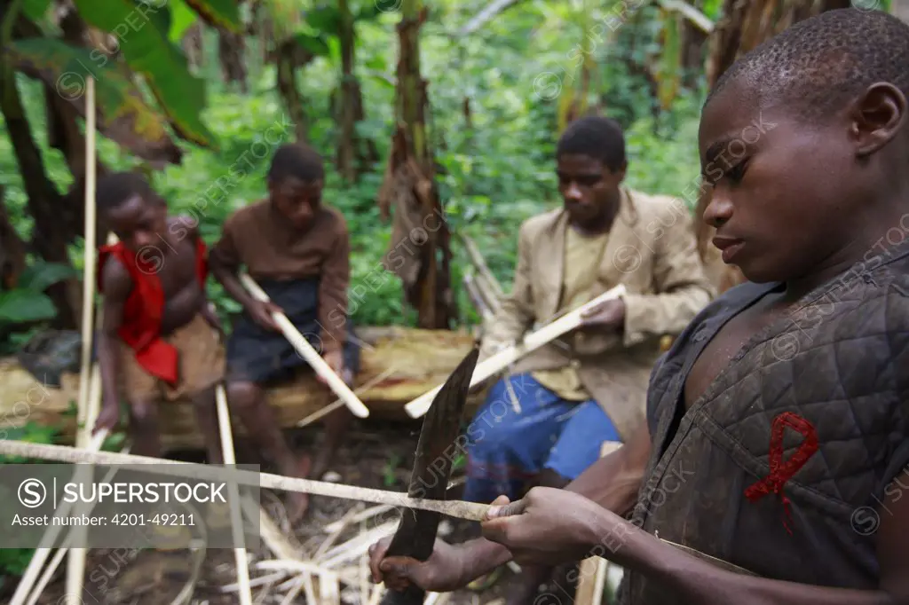 Baka children making toy crossbows, Cameroon
