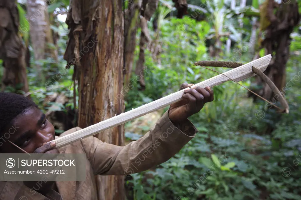 Baka boy making toy crossbow, Cameroon