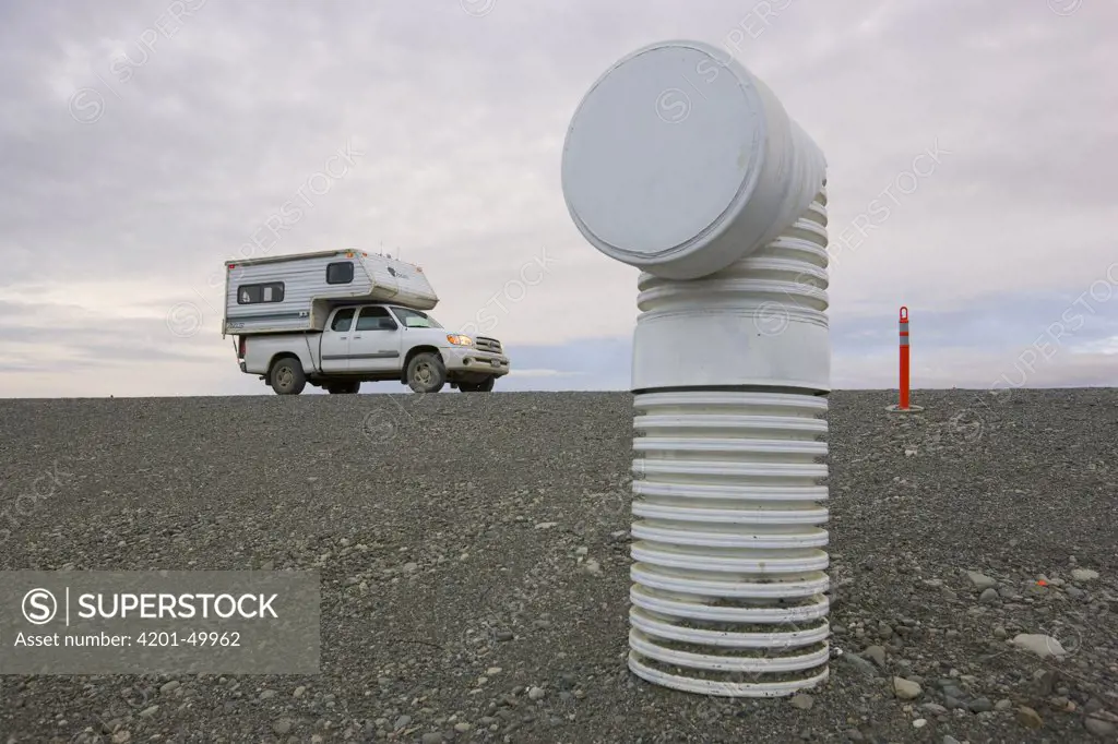 Permafrost cooling device along Alaska Highway helps to stabilize slopes of roadway and prevents frost heaves, Yukon, Canada